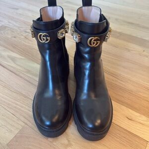 Gucci Black Leather Ankle Boots with Gold GG and Crystal Buckle Accents